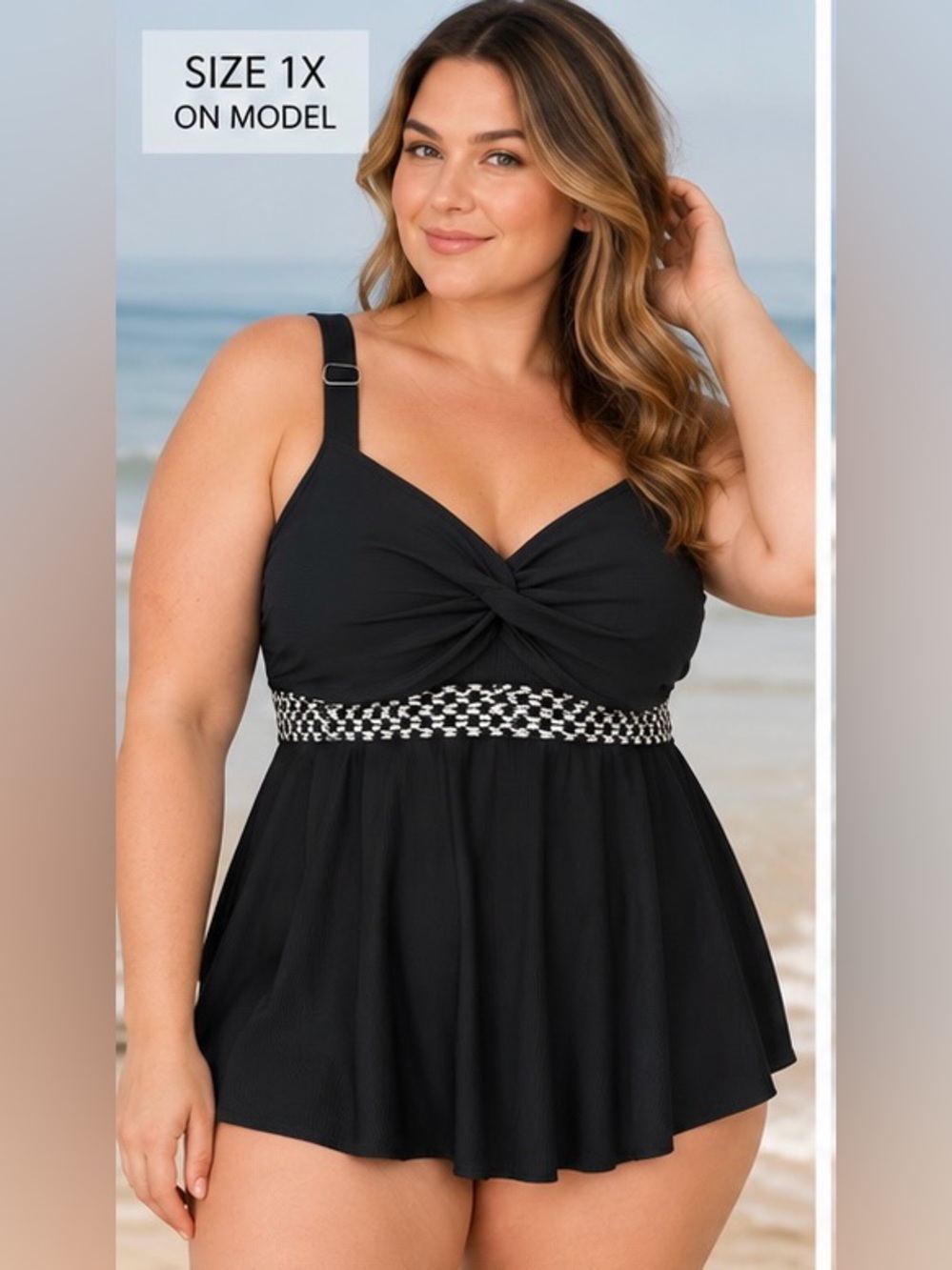 Size 1X Black Swimdress One Piece Swimsuit Twist Front Flattering Fit